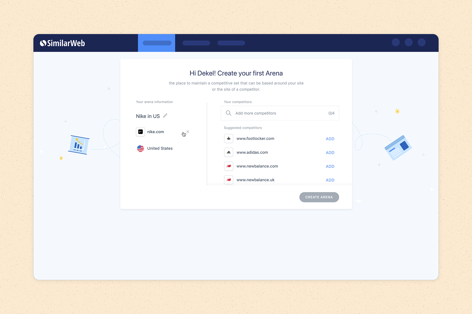 SimilarWeb Arena onboarding screen for creating a competitive set of websites