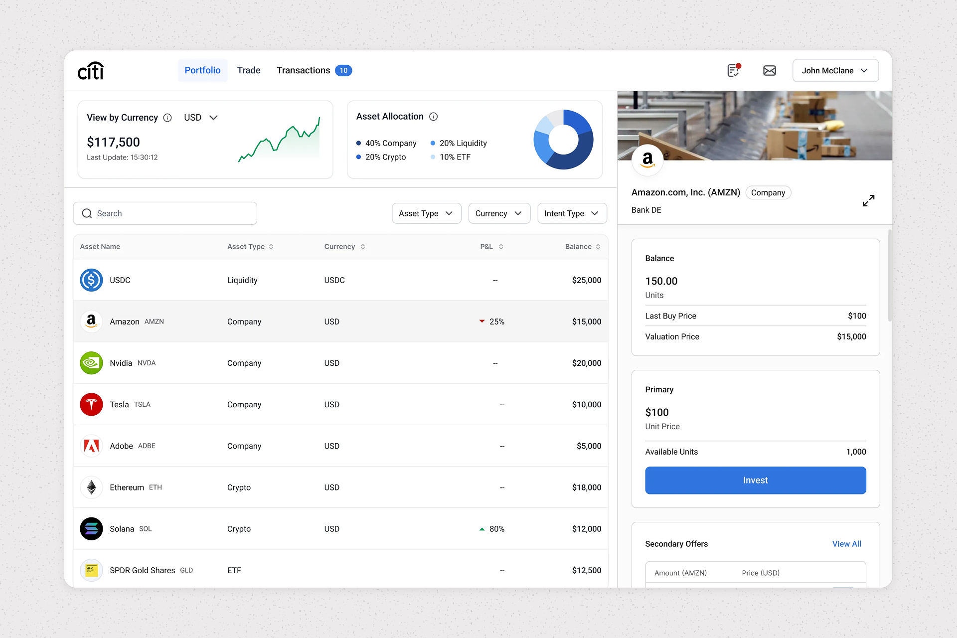 Ownera financial platform dashboard showing portfolio and analytics overview