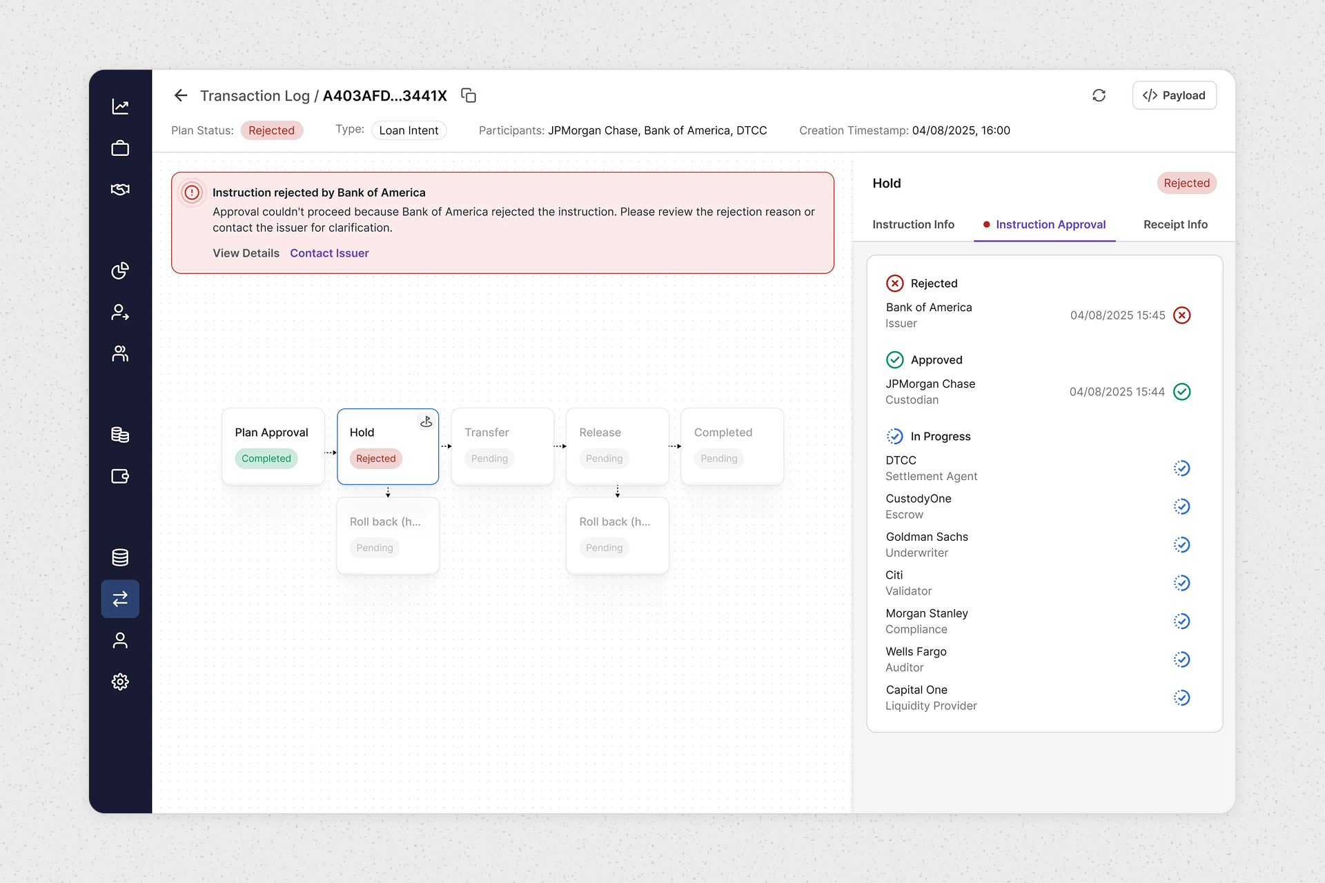 Ownera detailed interface showing financial infrastructure components