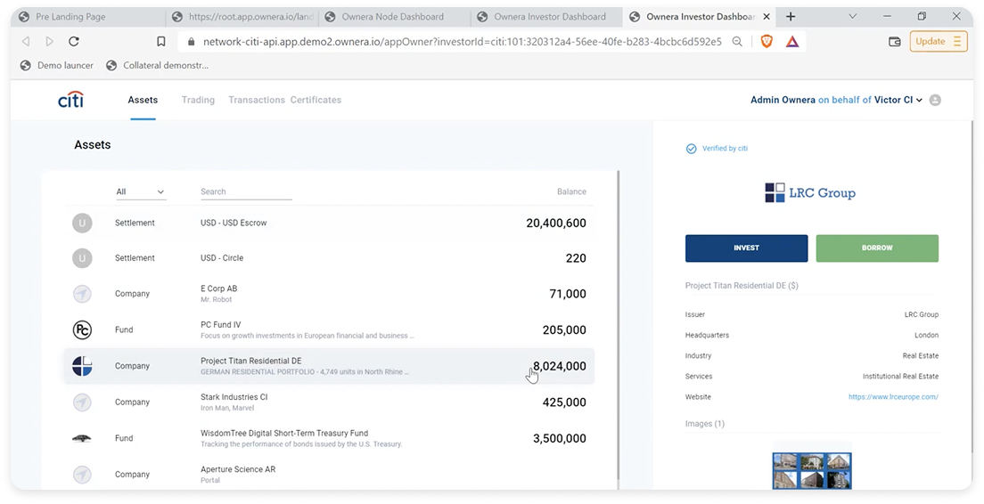 The original Assets screen — owned investments mixed with opportunities, details in a cramped side panel