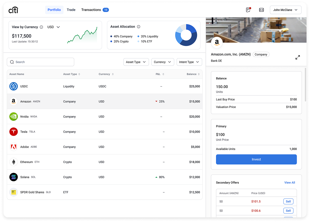 The Portfolio screen — total balance on top, allocation in the center, holdings below