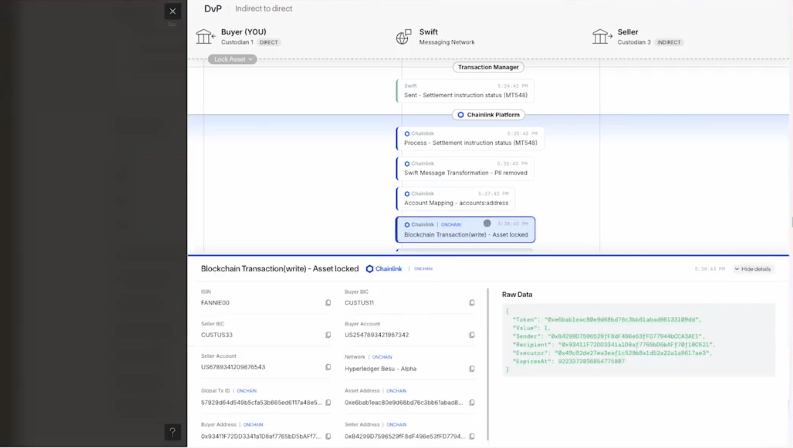 Detailed event panel showing settlement message steps and raw on-chain data.
