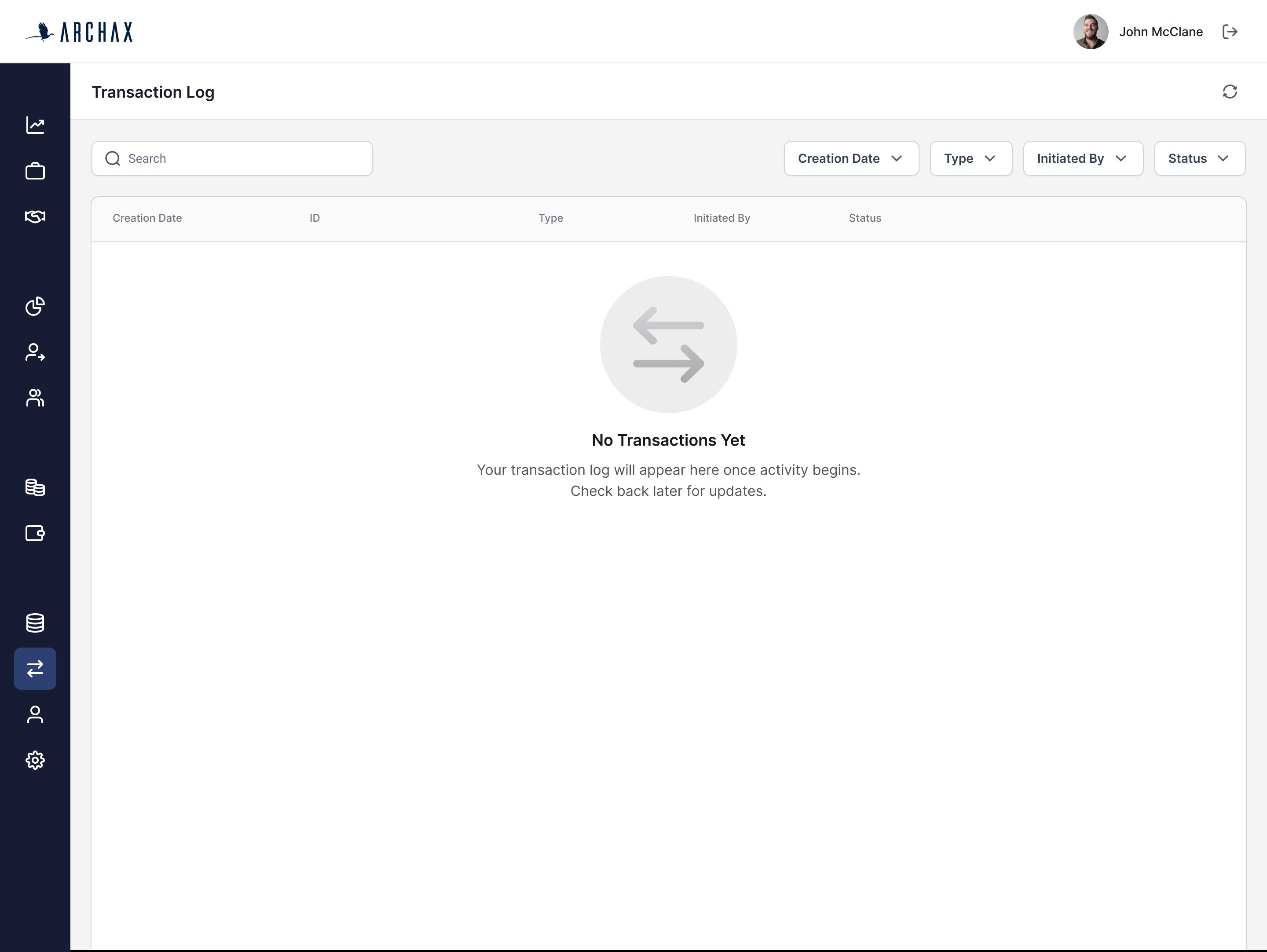 Empty state of the transaction log with a clear illustration and explanatory copy.