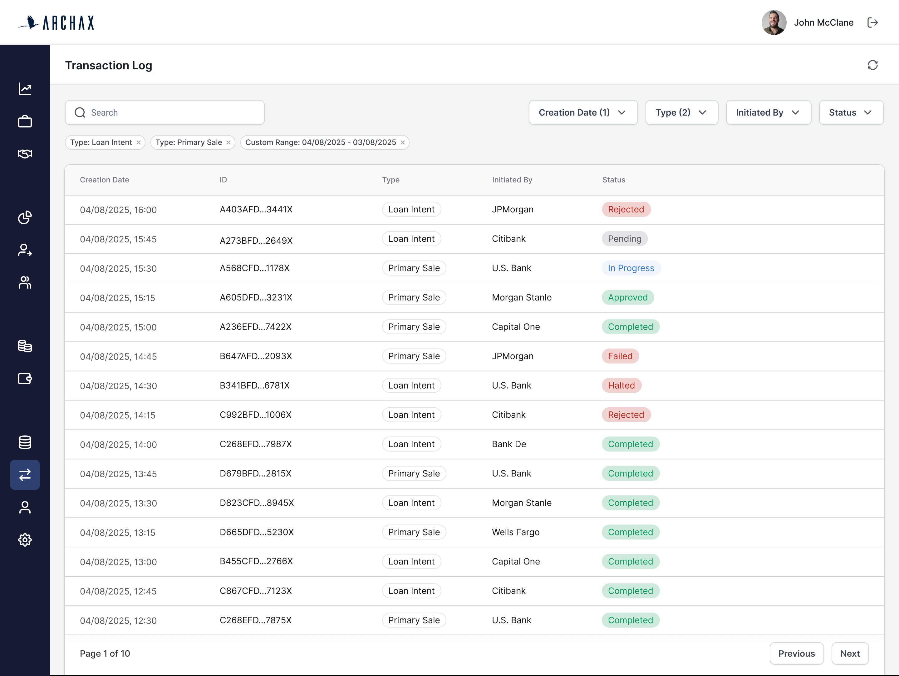 The monitoring table: many transactions with creation date, ID, type, initiated by, and color-coded status.